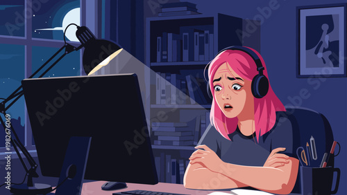 Exhausted woman with pink hair wearing headphones and looking stressed while working late on her computer in a dark room at night.