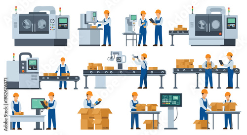 Factory Automation and Industrial Production. Manufacturing Process. Flat Design Illustration Set. Modern Industry Concept.