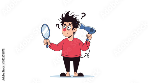 Confused man looking in a hand mirror while trying to style his wild messy hair with an electric hair dryer and question marks.