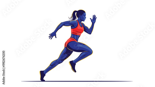 Powerful female athlete with blue skin in a red running outfit sprinting fast with determination against a white background.