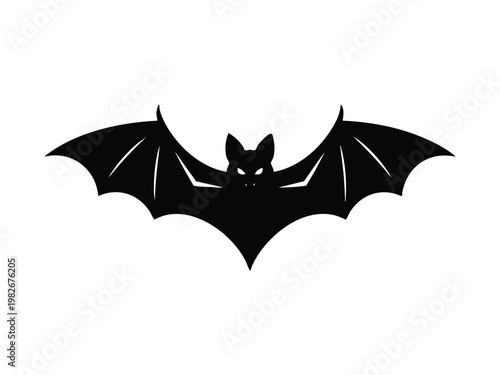 Spooky black bat silhouette with glowing eyes and spread wings against a white background, perfect for Halloween designs.
