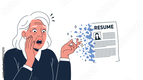 Shocked elderly woman looking at her resume document as it mysteriously dissolves into small blue particles in the air.
