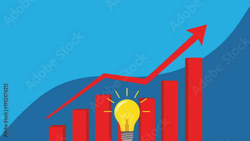 Red upward arrow moving over a rising bar chart with a glowing yellow lightbulb representing a bright business idea or success.