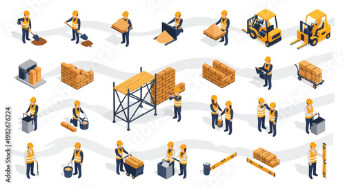 Construction workers and equipment, isometric view.