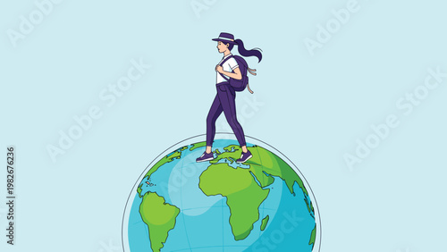 Young woman with a backpack and hat walking on top of a giant globe of the earth representing global travel and exploration.
