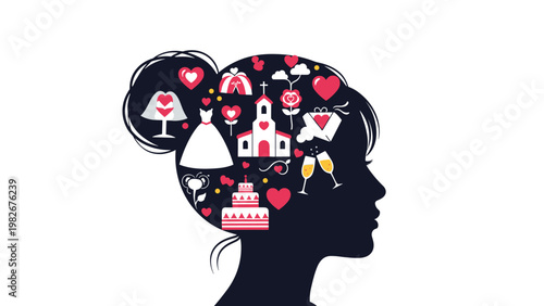 Silhouette of a woman's head filled with various wedding icons including a church, cake, dress, and hearts on a white background.
