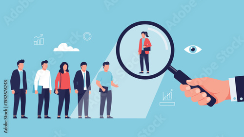 Large hand holding a magnifying glass over a row of diverse job candidates while highlighting one selected female professional.