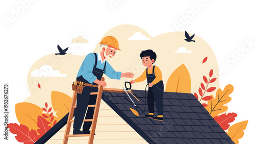 Senior man in a hard hat teaching a young boy how to install shingles on a house roof during a bright autumn day.