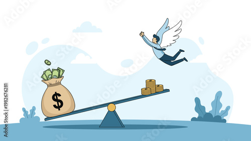 Winged man in a suit flying through the sky over a seesaw balancing a large bag of money against small stacks of coins.