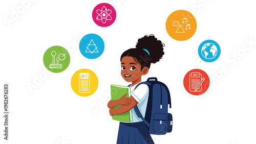 Happy young girl with a backpack holding a book surrounded by various educational icons for science, math, art, and geography.