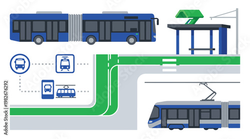 Public transportation vehicles including buses and tram.