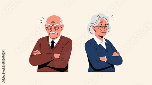 Grumpy senior man and woman standing together with their arms crossed looking angry and frustrated at each other.