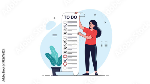 Productive woman holding an extremely long to-do list with checked boxes representing multitasking and daily task management.