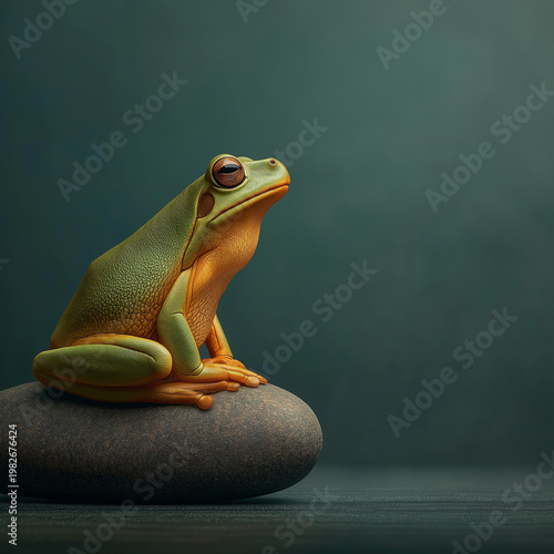 Green Tree Frog Meditating on River Stone in Peaceful Zen Setting – Whimsical Wellness Concept