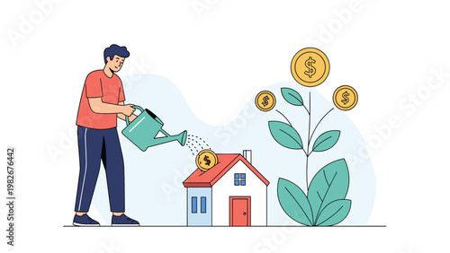 Man watering a small house model to grow investment while a money tree with dollar coins flourishes beside it.