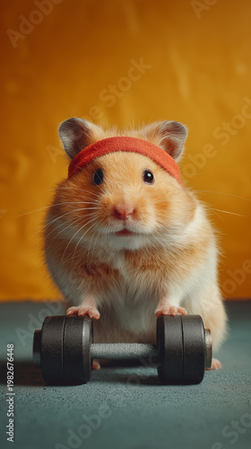 Tiny Hamster with Red Headband Lifting Dumbbell in Gym – Whimsical Fitness Motivation Concept