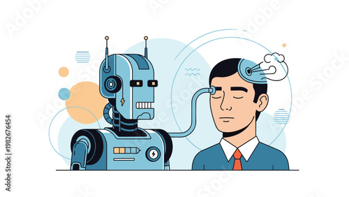 Robot interacting with a human brain through a futuristic device representing artificial intelligence and human-machine interface.