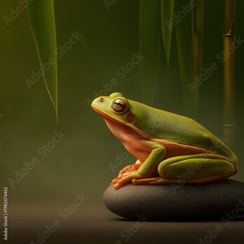 Green Tree Frog Meditating on River Stone in Peaceful Zen Setting – Whimsical Wellness Concept