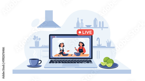 Laptop on a kitchen counter displaying a live online cooking class with two female chefs preparing a meal.