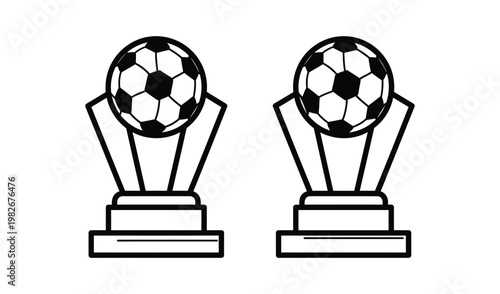 Two trophies with soccer balls on top, symbolizing victory and achievement in sports competitions, illustrated in black and white.