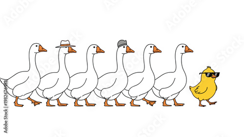 Group of white geese walking in a row behind a cool yellow chick wearing sunglasses symbolizing unique leadership.