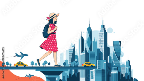 Woman traveler in a polka dot dress walking on a bridge toward a modern city skyline with airplanes and taxis.