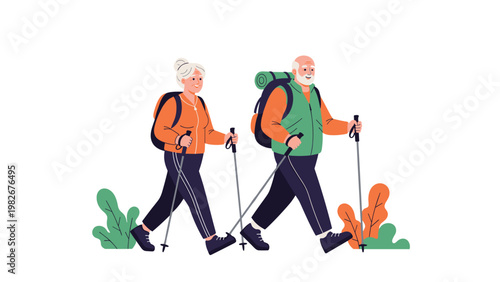 Active elderly couple hiking together with backpacks and nordic walking sticks enjoying a healthy outdoor lifestyle.