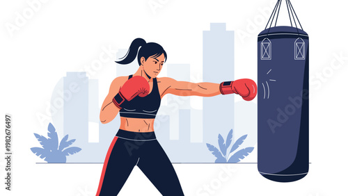 Determined woman in sportswear training with a heavy punching bag in an urban gym setting with city background.