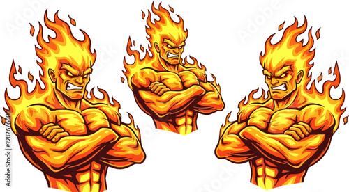 Muscular fire elemental mascot vector, powerful flame man character with crossed arms, set of 3 aggressive fire spirit illustrations for gaming