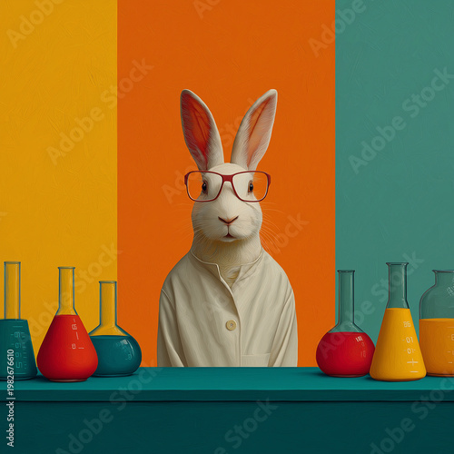 White Lab Rabbit Wearing Safety Goggles and Coat at Science Workbench – Whimsical Laboratory Concept
