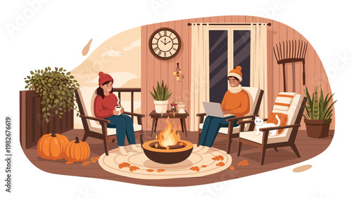 Cozy autumn evening on a balcony with a couple enjoying a fire pit coffee and their cat among pumpkins.