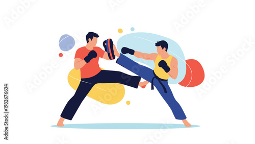 Two martial artists in karate uniforms practicing kicks and defense moves with training pads in a colorful setting.