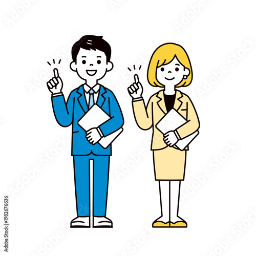 ラップトップを持ってポイントを解説する、男性社員・女性社員の全身ベクターイラスト素材セット