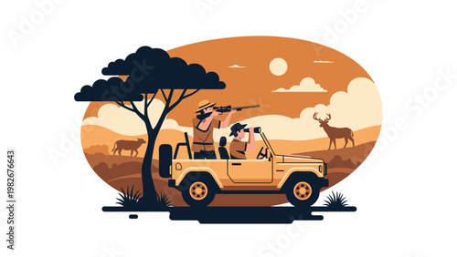 Researchers on a safari jeep observing wild animals like deer and cows in a sunset landscape with trees.