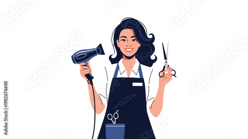 Smiling professional female hair stylist wearing an apron and holding a blow dryer and scissors ready to give a haircut.