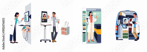 Set of diverse healthcare professionals using telemedicine technologies, remote patient monitoring tools, and mobile medical clinics for digital health services.