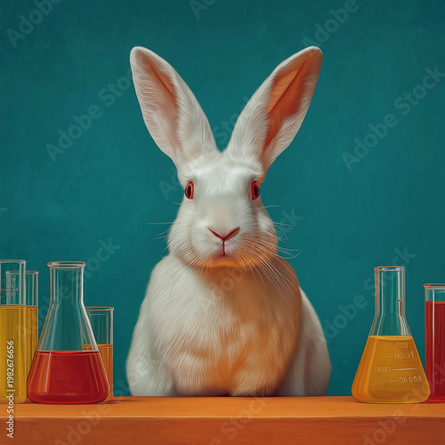 White Lab Rabbit Wearing Safety Goggles and Coat at Science Workbench – Whimsical Laboratory Concept