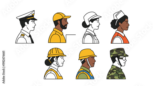 Diverse set of profile icons representing various professions including pilot worker nurse soldier and engineer.