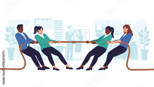 Two teams of diverse business people engaged in a tug of war game in a modern office environment.