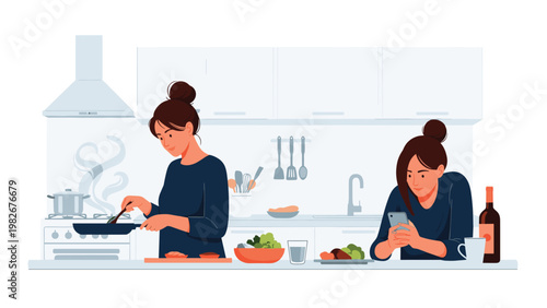Woman cooking a meal at a kitchen stove while her roommate is distracted by her smartphone at the counter.