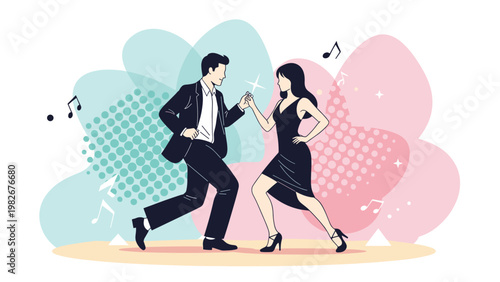 Elegant man in a suit and a woman in a black evening dress dancing together against a colorful abstract background.