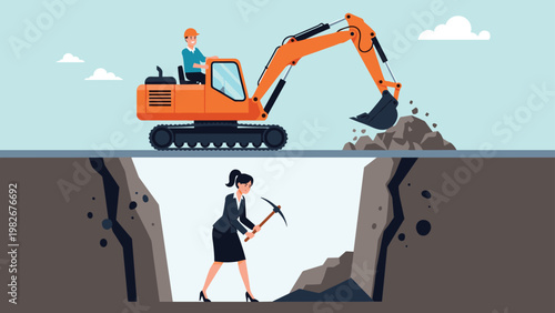 Modern excavator machine working on the surface while a woman digs manually with a pickaxe in a deep underground trench.