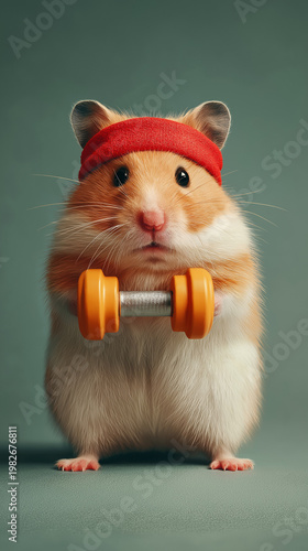 Tiny Hamster with Red Headband Lifting Dumbbell in Gym – Whimsical Fitness Motivation Concept