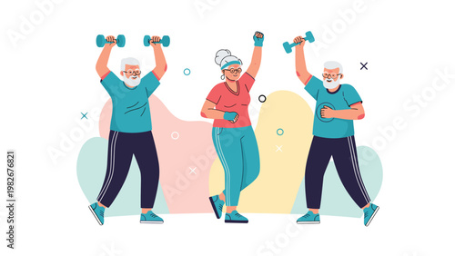 Active senior citizens participating in a group fitness class by lifting colorful dumbbells and smiling while exercising together indoors.