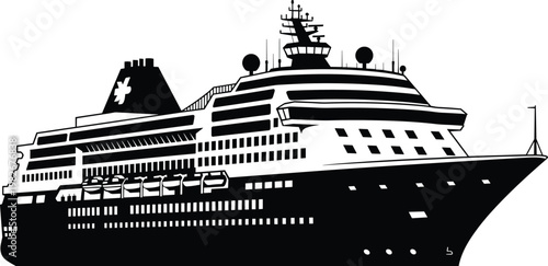 A detailed black and white illustration depicts a large cruise ship sailing on calm waters high quality professional modern elegant stylish