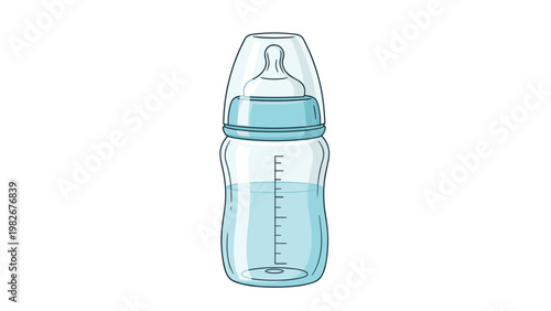 Clear plastic baby bottle filled with milk or water featuring measurement markings and a blue cap against a simple white background.