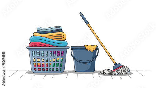 Cleaning supplies including a plastic laundry basket full of clothes a blue bucket with a cloth and a mop standing on a wooden floor.