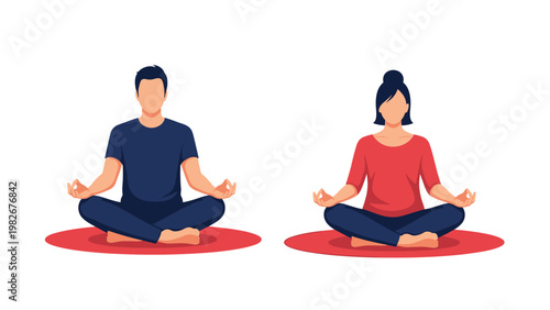 Man and woman sitting in a lotus position on red mats practicing mindfulness and meditation to find inner peace and relaxation at home.