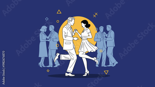 Group of elegant people in formal attire dancing and socializing at a night party with a large yellow circle and geometric shapes.