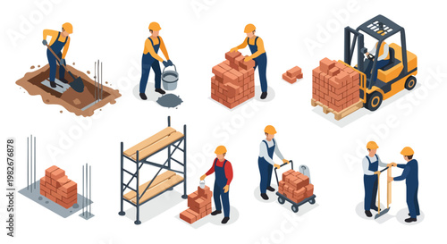 Construction workers set. Isometric illustration. Building process. Bricklaying. Industry vector.